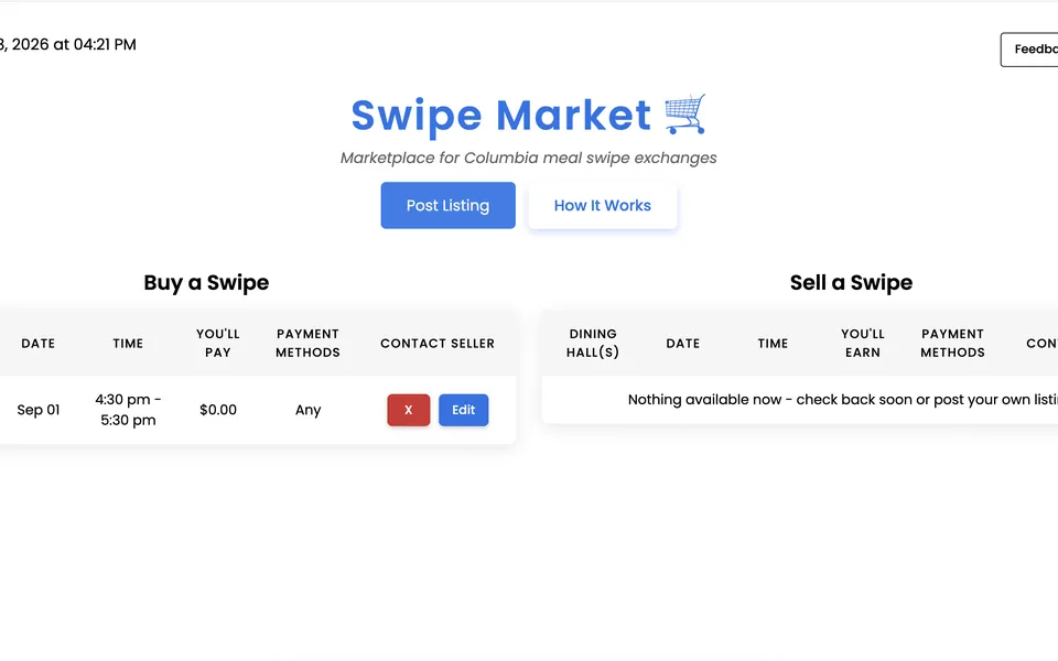 Swipe Market listings for buying and selling meal swipes