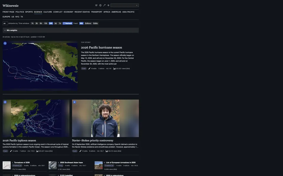 Wikinewsie front page with a featured story and a storm-track map