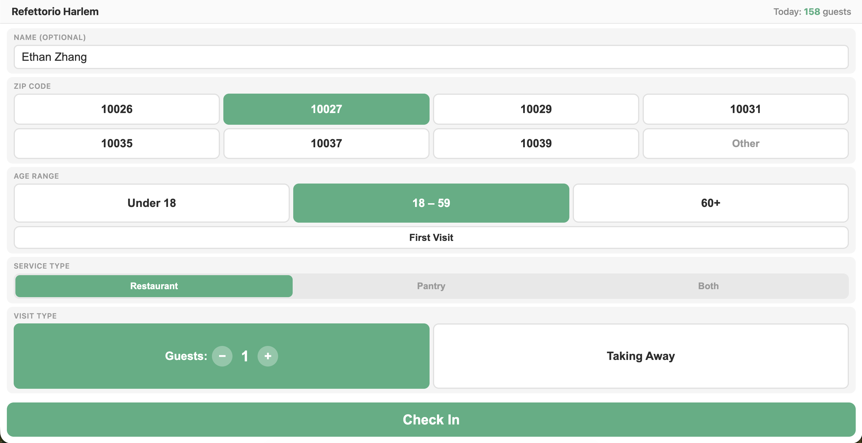 Refettorio Harlem check-in tablet UI