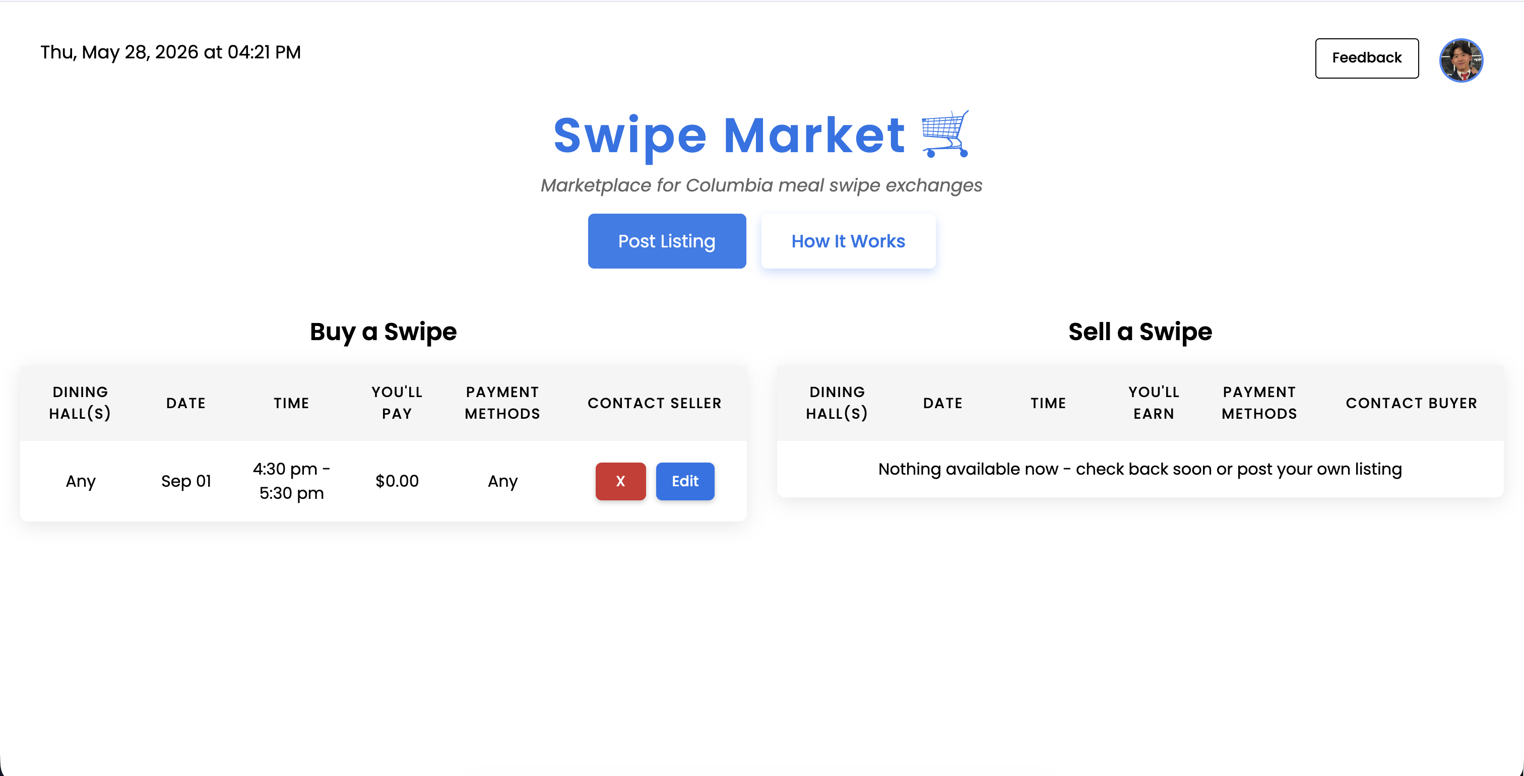 Columbia Swipe Market product UI